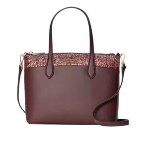 Kate Spade Flash Glitter Shoulder Tote Bag Maroon Zip‎ Top Sparkle Evening New